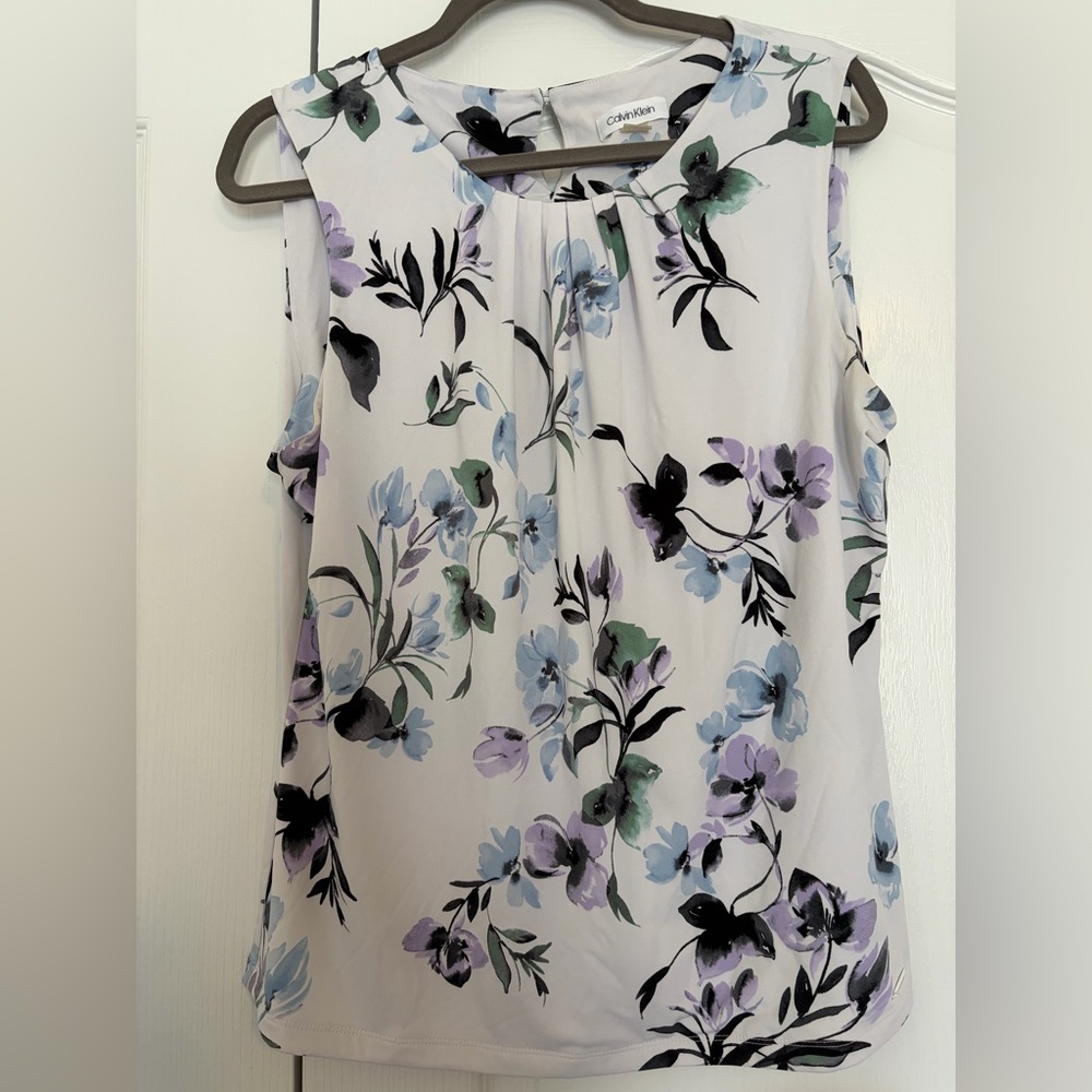 Calvin Klein White Floral Sleeveless Camisole with Lavender & Sage Accents